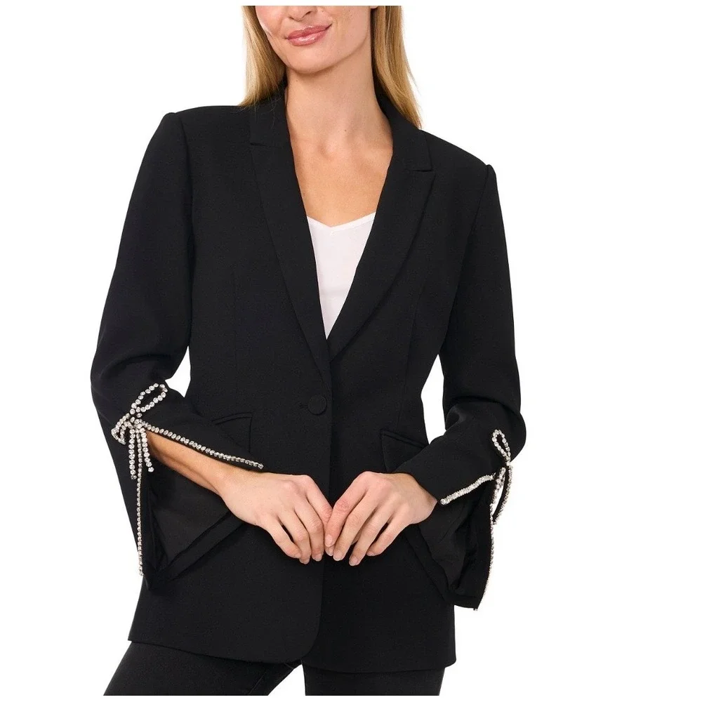CeCe Rhinestone Bow Sleeve One-Button‎ Blazer Black Elegant Tailored Jacket 4